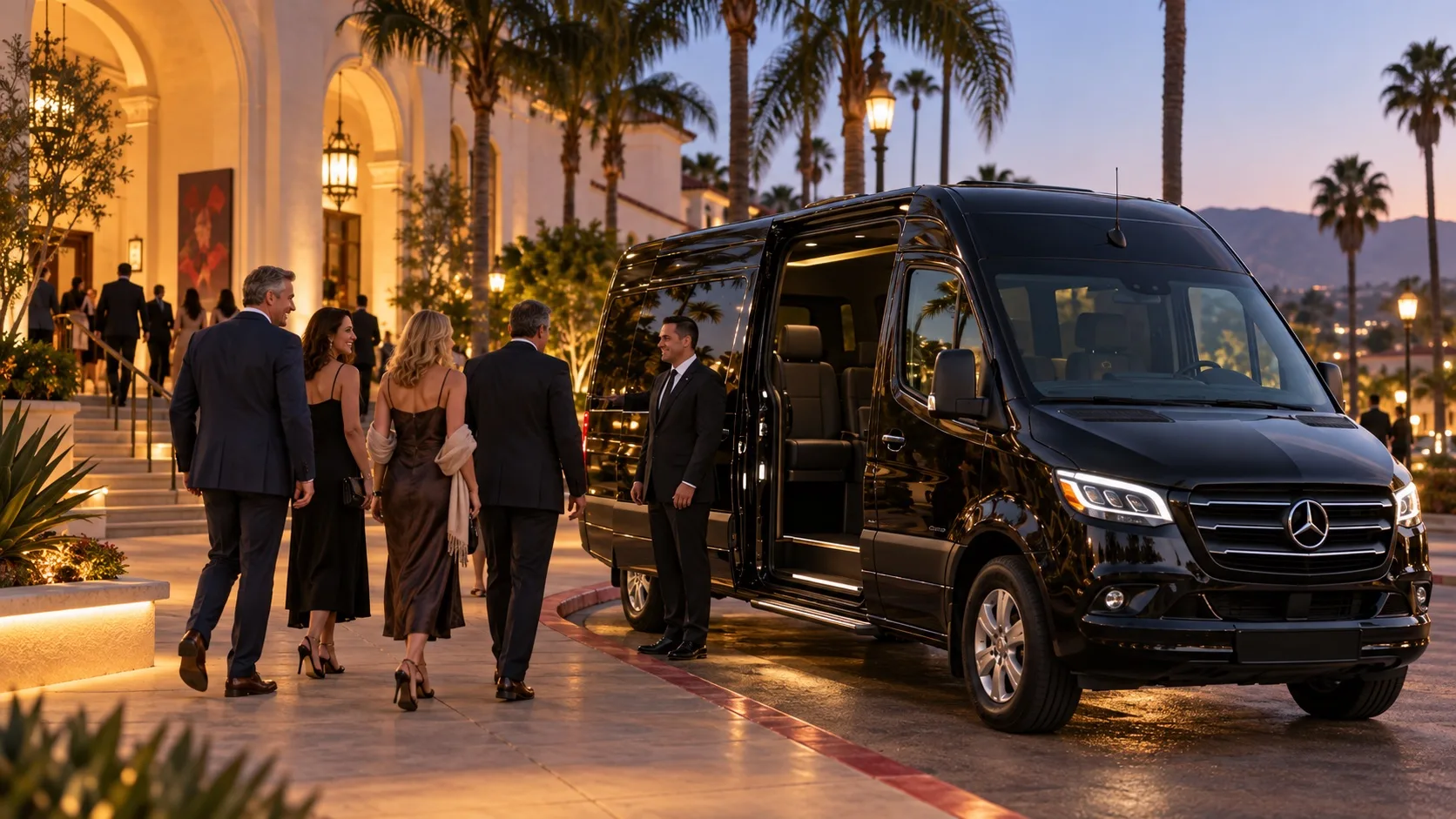 Mercedes-Benz Sprinter chauffeur arrival for a Santa Barbara event